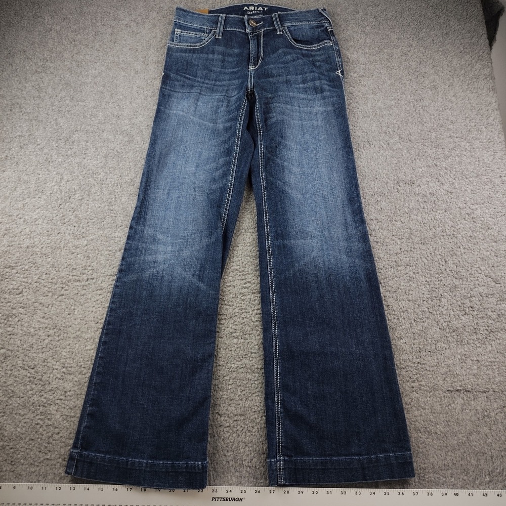 Ariat Denim Jeans Flare Trouser Sz 28x33 Perfect Rise Dark Wash Wide Leg EUC